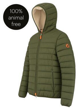 SAVE THE DUCK Olive Green Sherpa Lined Hooded Puffer Jacket size L